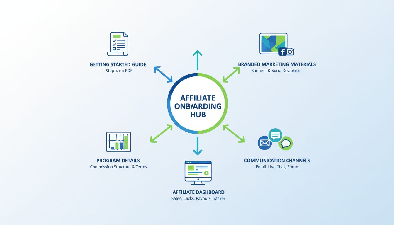 Infografika s materiálmi a zdrojmi pre onboarding affiliate partnerov: sprievodca Začíname, značkové marketingové materiály, detaily programu, komunikačné kanály a affiliate dashboard