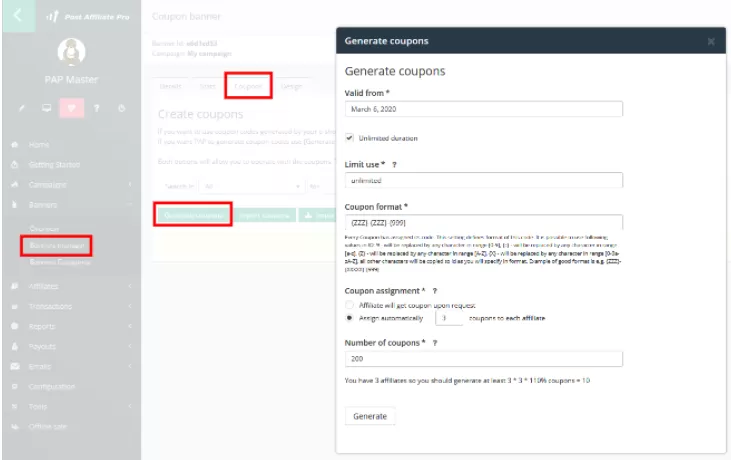 Post Affiliate Pro - Generovanie kupónu