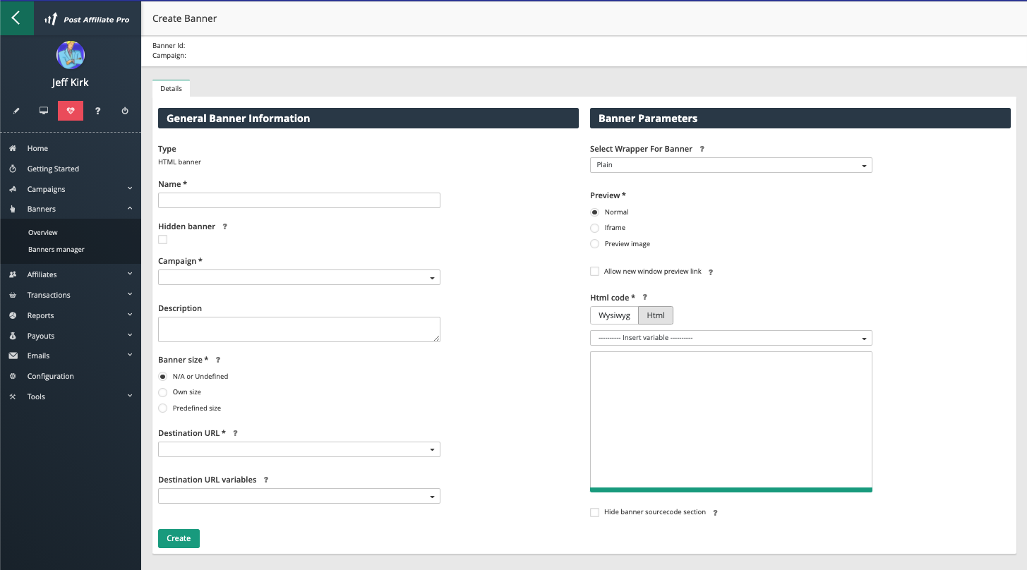 Post Affiliate Pro - Stránka na vytvorenie banneru