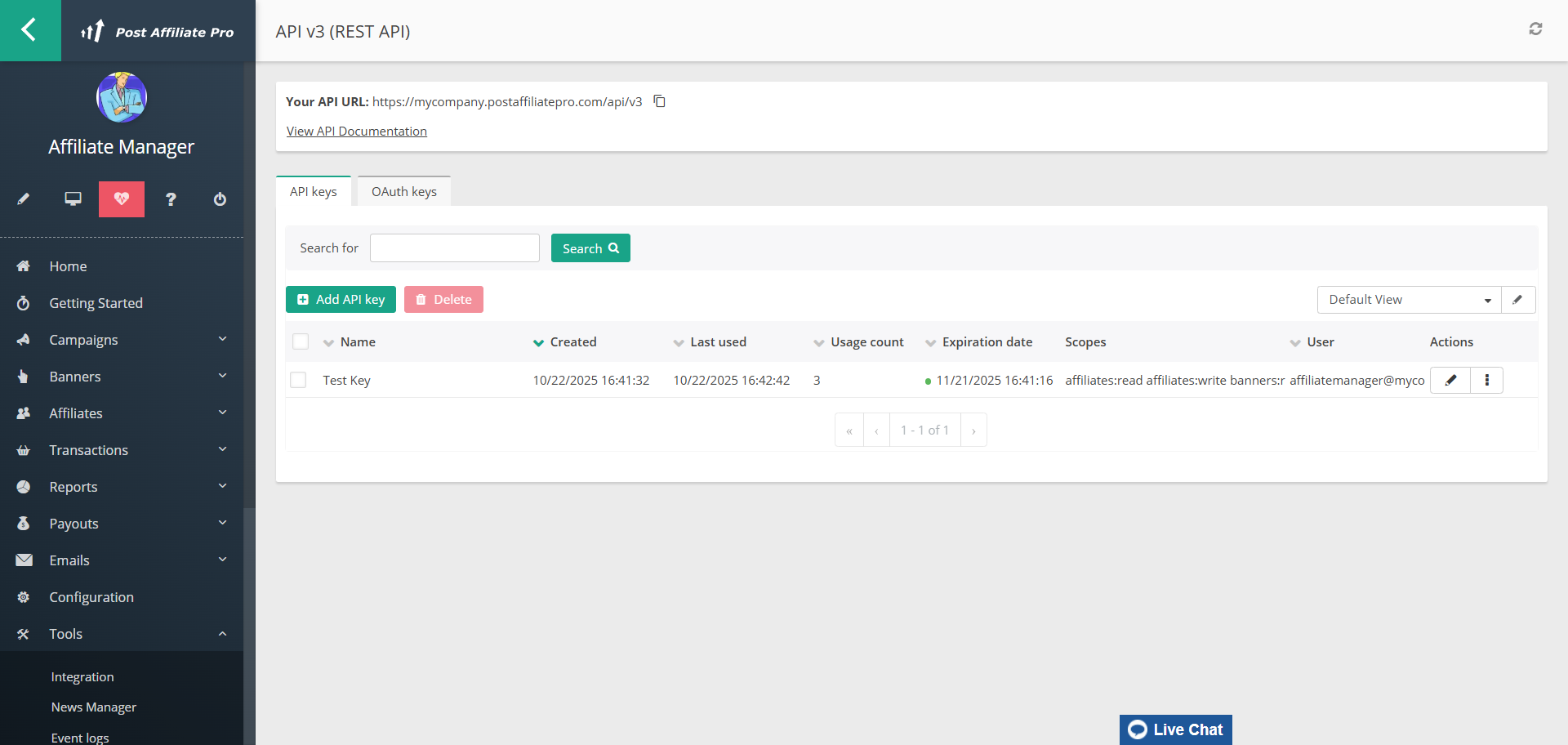 Obrazovka API v3 (REST API) Post Affiliate Pro pre generovanie API kľúča