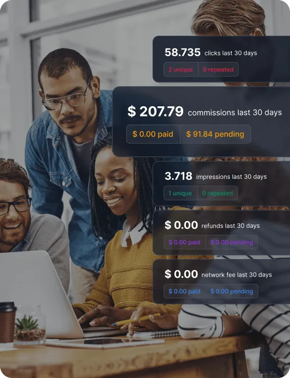 Prekrytie dashboardu zobrazujúce kompletnú kontrolu programu s výkonnosťou partnerov, správami kampaní, prevenciou podvodov, kontrolou provízií a aktivitou affiliate partnerov.