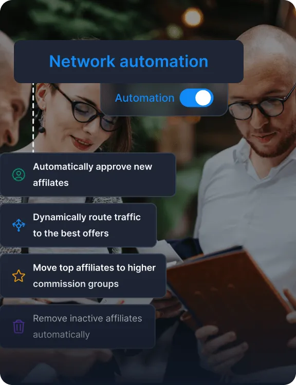 Prekrytie technológií a platforiem zobrazujúce prepínače automatizácie pre marketingové úlohy, bonusy a affiliate prehľady.