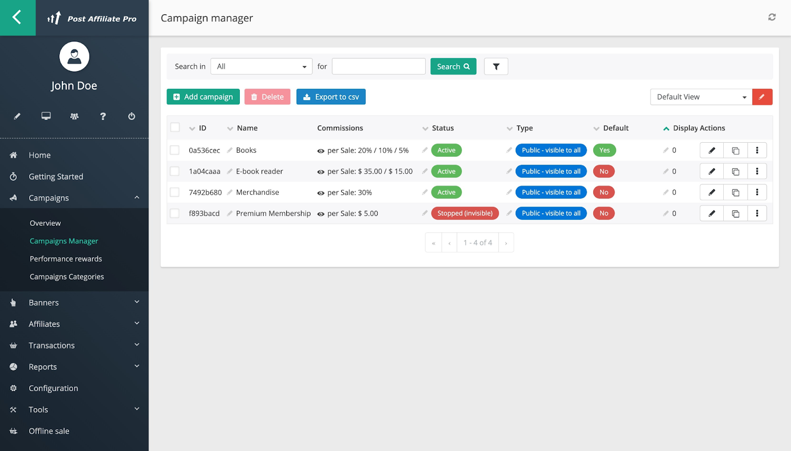 Post Affiliate Pro umožňuje ľahko sledovať a spravovať kampane vďaka funkcii Campaign manager