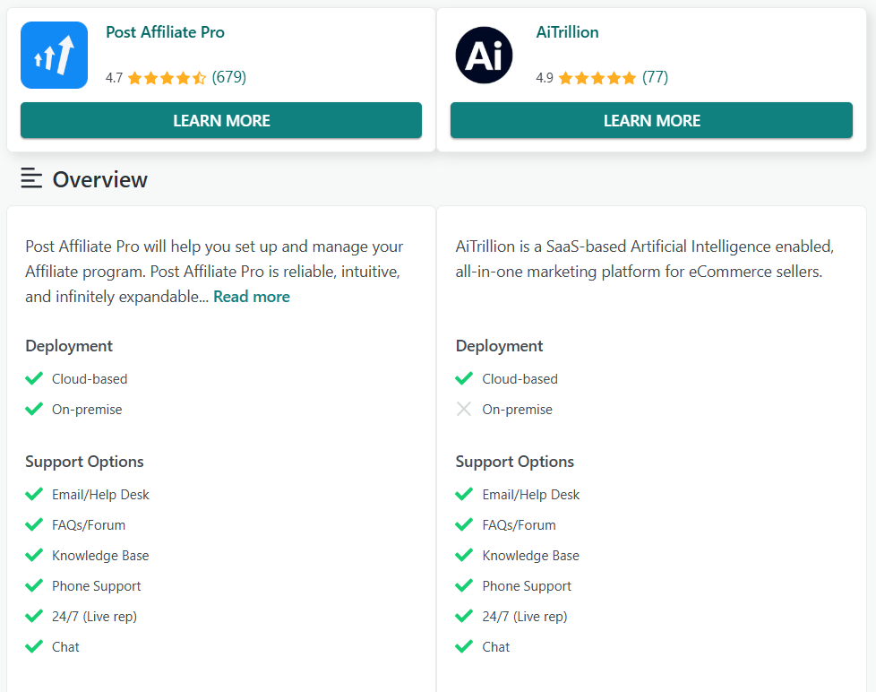 Porovnanie funkcií Post Affiliate Pro vs AiTrillion na GetApp