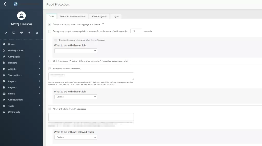 Screenshot nastavenia ochrany pred podvodmi v Post Affiliate Pro.