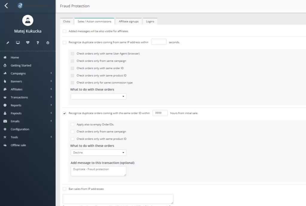 Snímka obrazovky s nastavením ochrany pred podvodmi v Post Affiliate Pro.