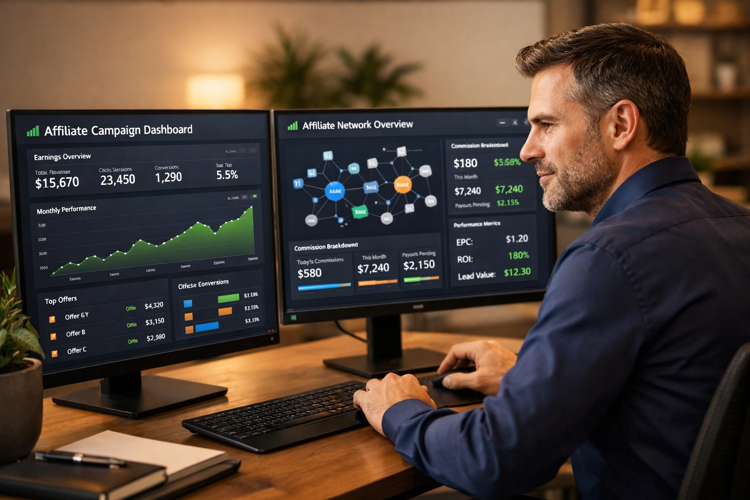 Obchodník spravuje affiliate kampane pomocou softvérového dashboardu