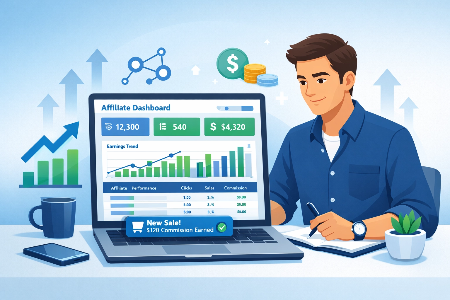 Majiteľ malého podniku spravuje dashboard affiliate programu