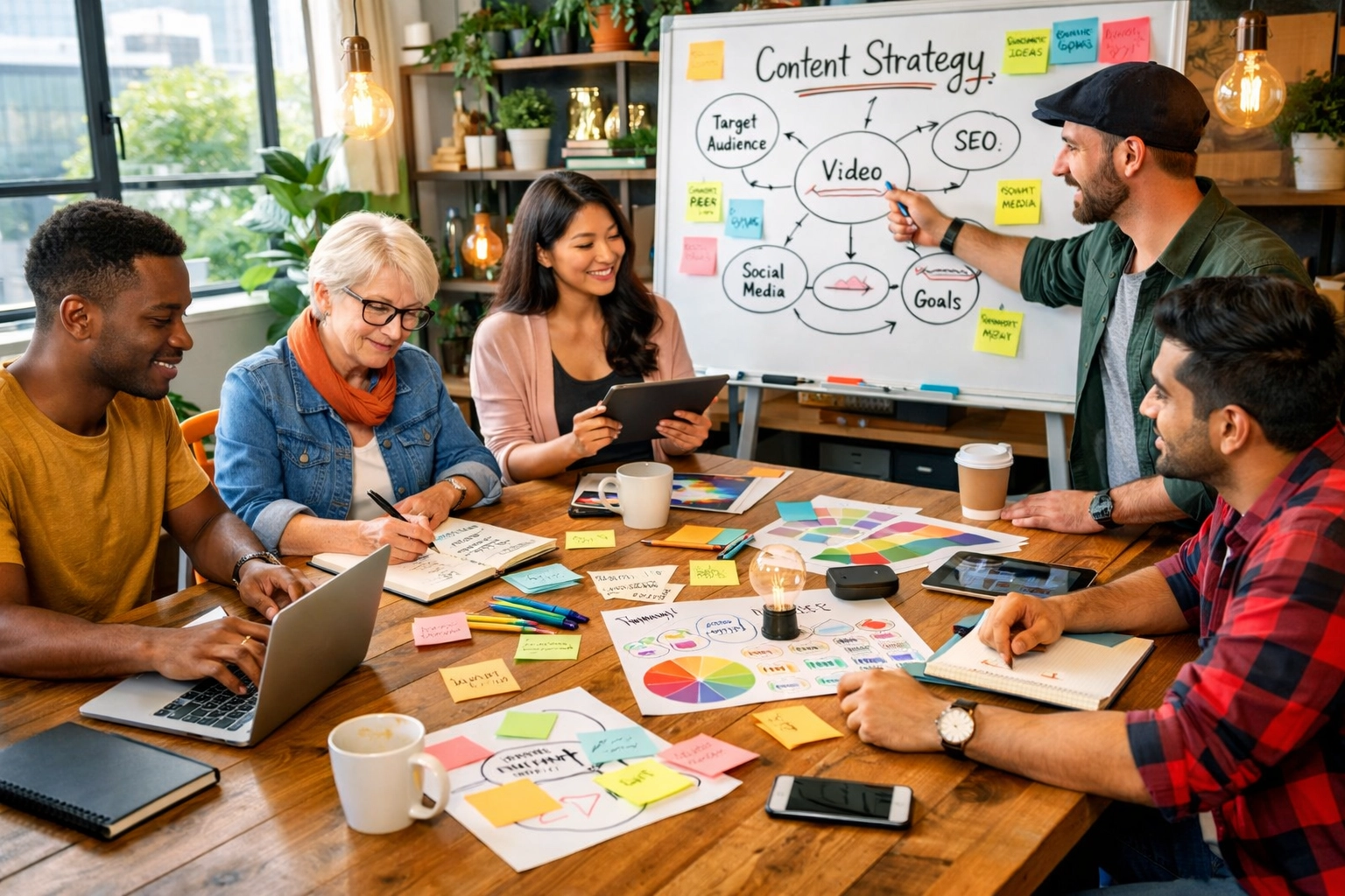 Rozmanitý tím tvorcov obsahu spolupracuje počas kreatívnej brainstormovej relácie