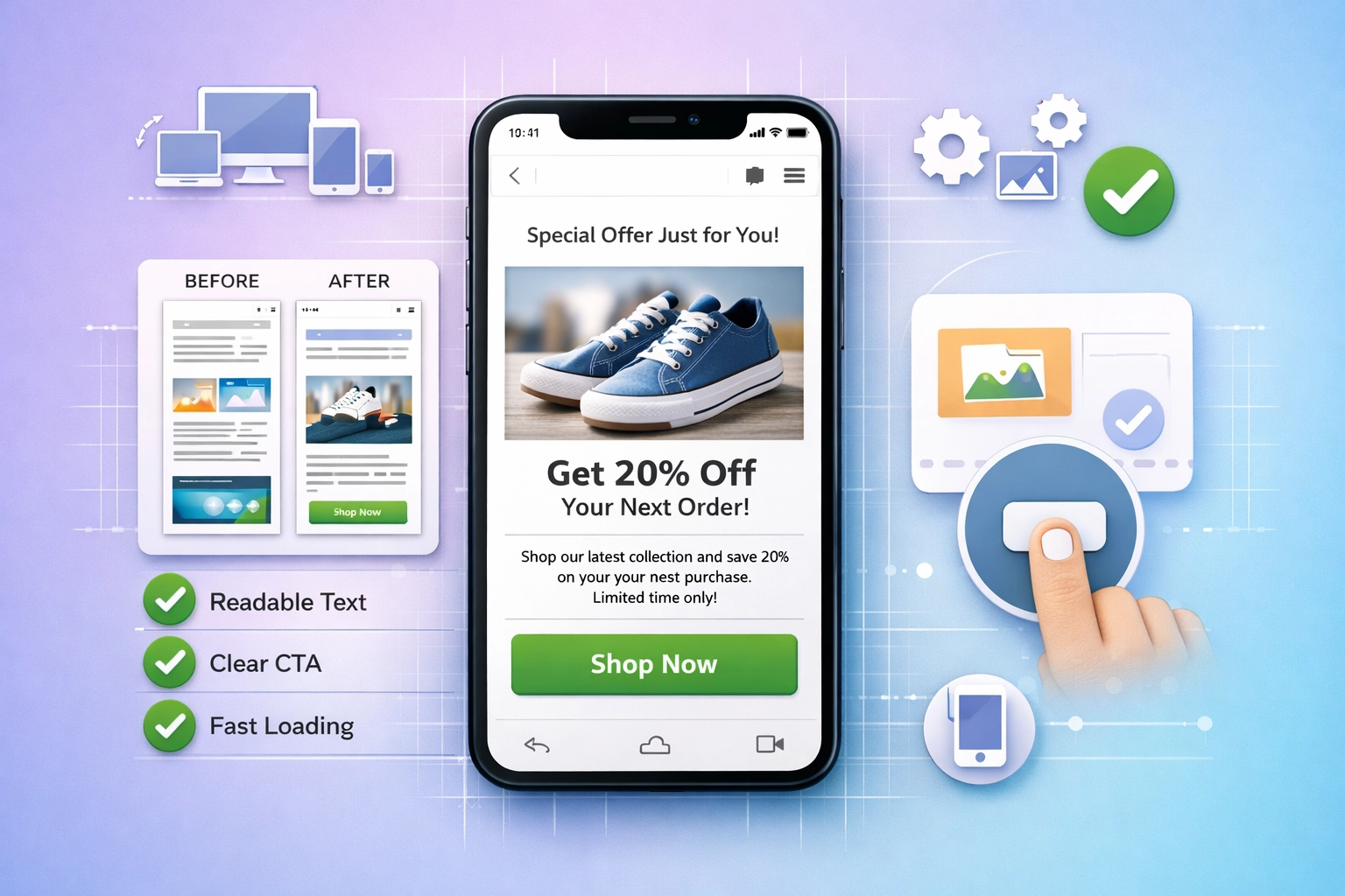 Mobile-first email design optimization showing responsive layout and thumb-friendly buttons