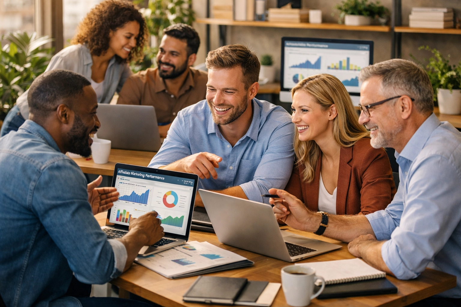 Profesionálny tím rôznorodých affiliate marketérov spolupracuje v modernom kancelárskom prostredí