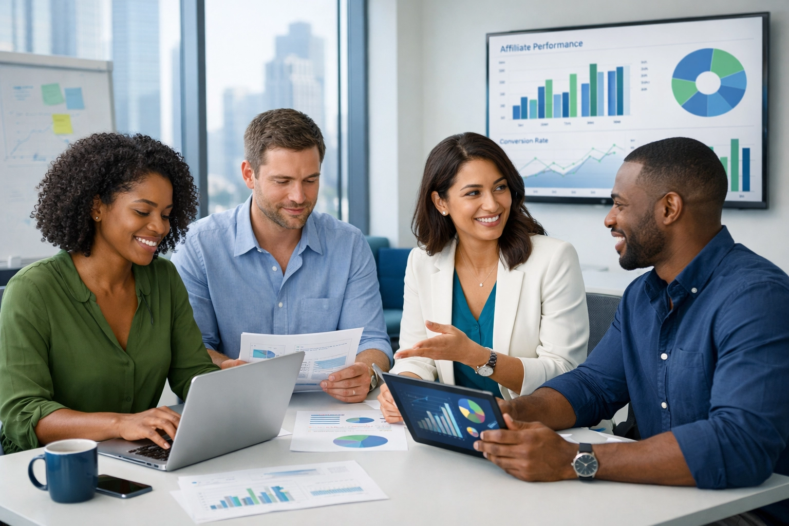 Rôznorodý tím affiliate marketérov spolupracuje v moderných kanceláriách