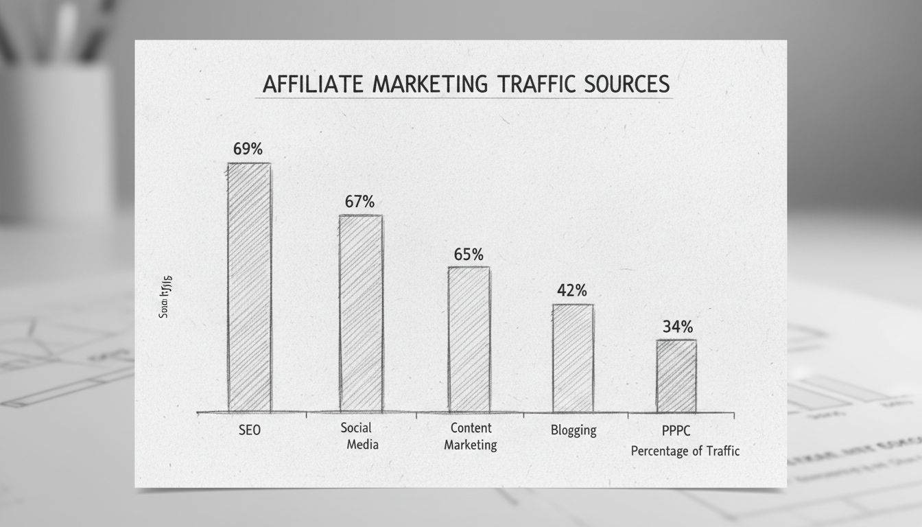 Zdroje návštevnosti affiliate marketingu: SEO 69 %, sociálne siete 67 %, content marketing 65 %, blogovanie 64 %, email 42 %, PPC 34 %