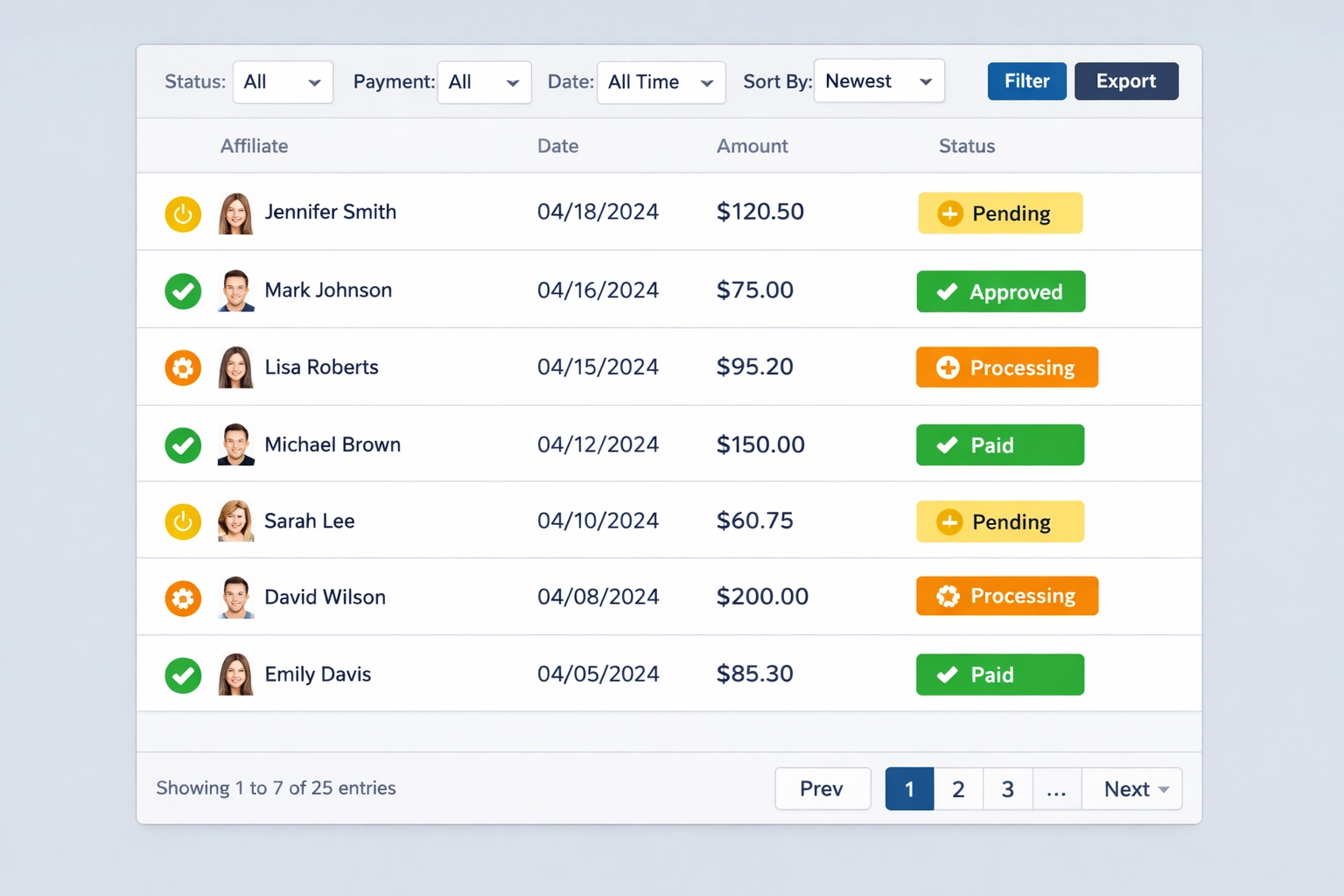 Commission status tracking interface with pending, approved, and paid indicators