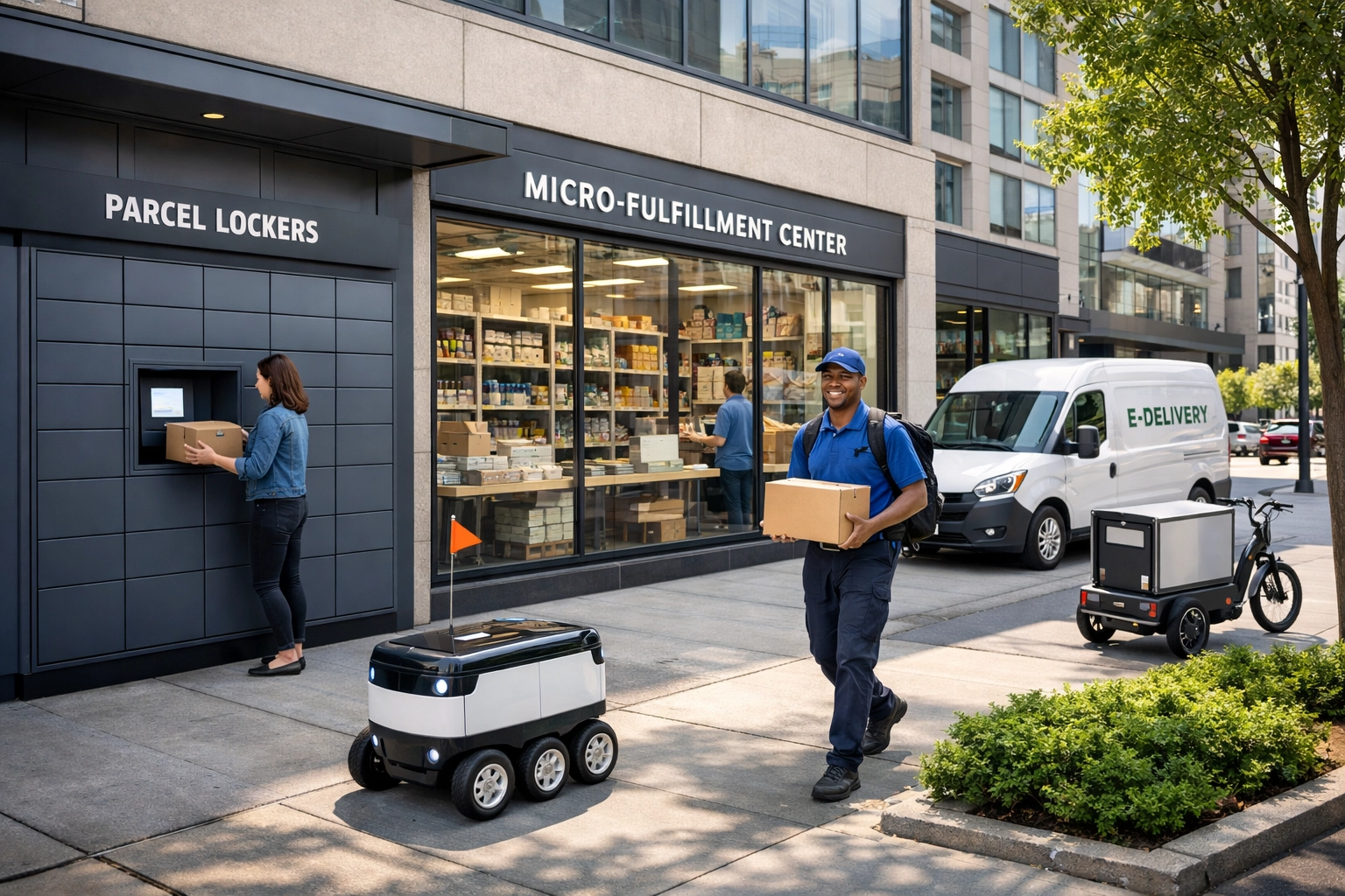 Urban delivery scene with parcel lockers and autonomous robots