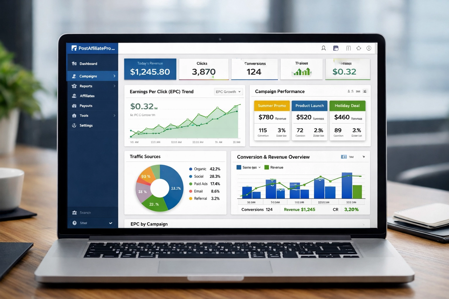 PostAffiliatePro analytics dashboard displaying real-time tracking data and EPC performance metrics