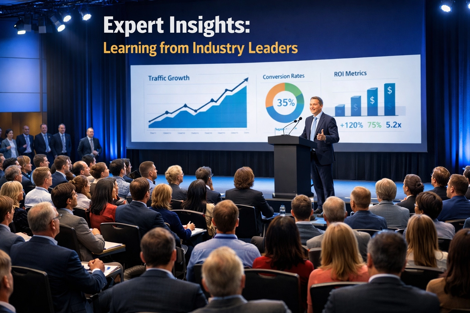 Profesionálny hlavný rečník prezentujúci pred zapojeným publikom na marketingovej konferencii