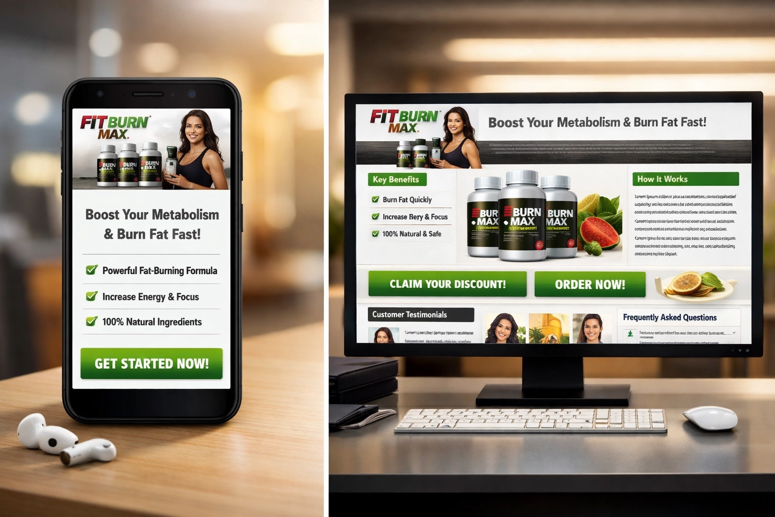 Mobile vs desktop affiliate landing page comparison showing responsive design