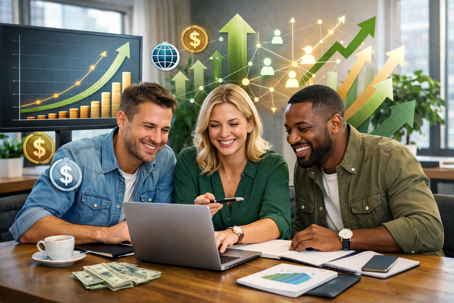 Tím škálujúci affiliate marketingové podnikanie s indikátormi rastu a viacerými zdrojmi príjmu