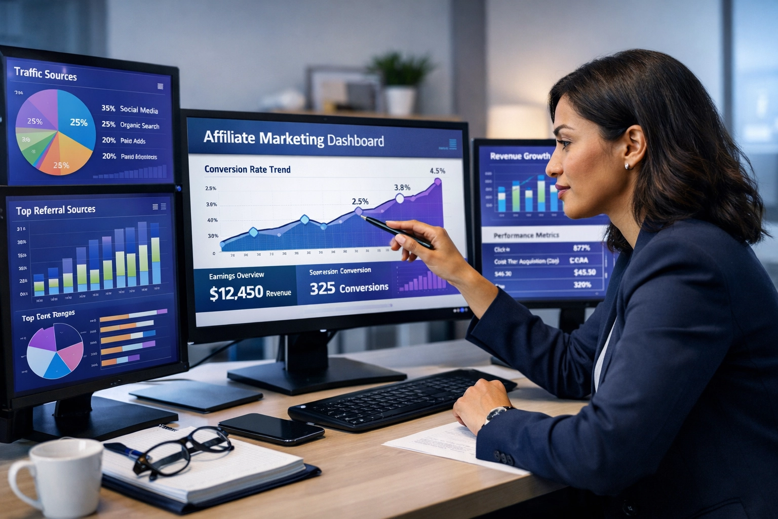 Profesionálny analytický dashboard zobrazujúci affiliate marketingové metriky a výkonnostné dáta