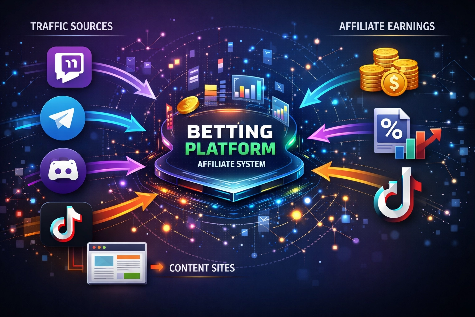 Sieťový diagram zdrojov návštevnosti: Twitch, Telegram, Discord, TikTok, YouTube a obsahové weby