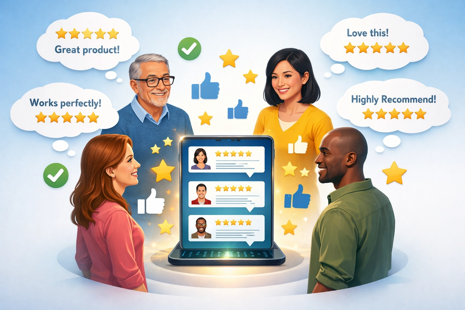 Psychológia sociálneho dôkazu ukazujúca rozmanitých ľudí rozhodujúcich sa na základe pozitívnych skúseností ostatných