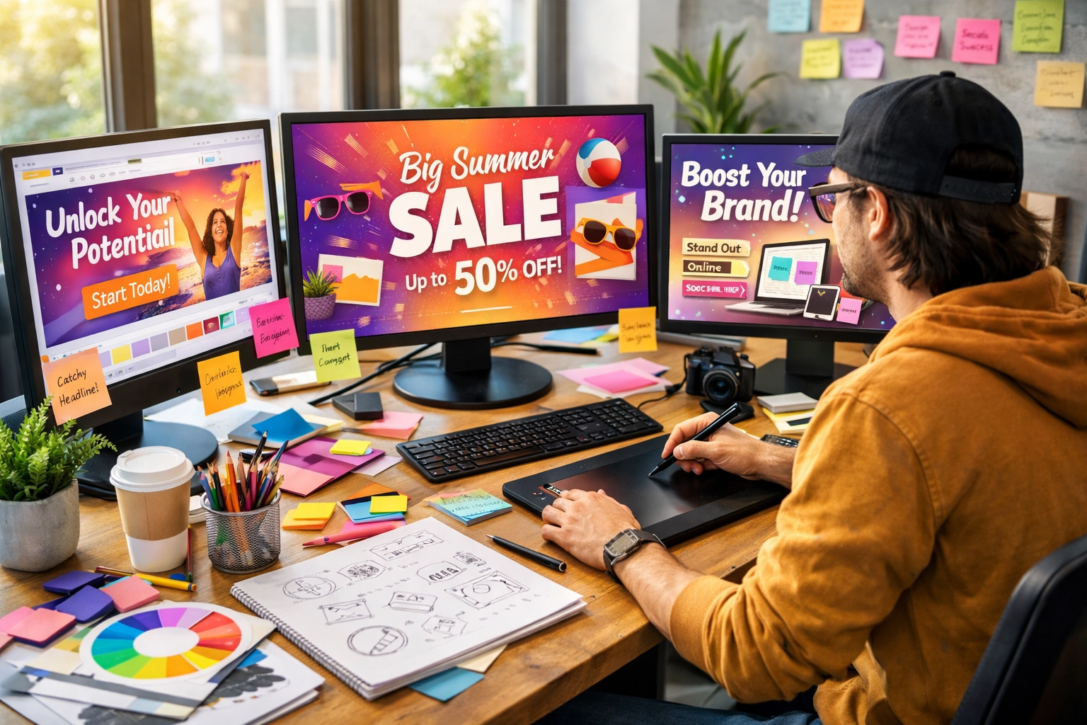 Kreatívne pracovisko na tvorbu obsahu s dizajnérskymi nástrojmi a brainstormingovými materiálmi