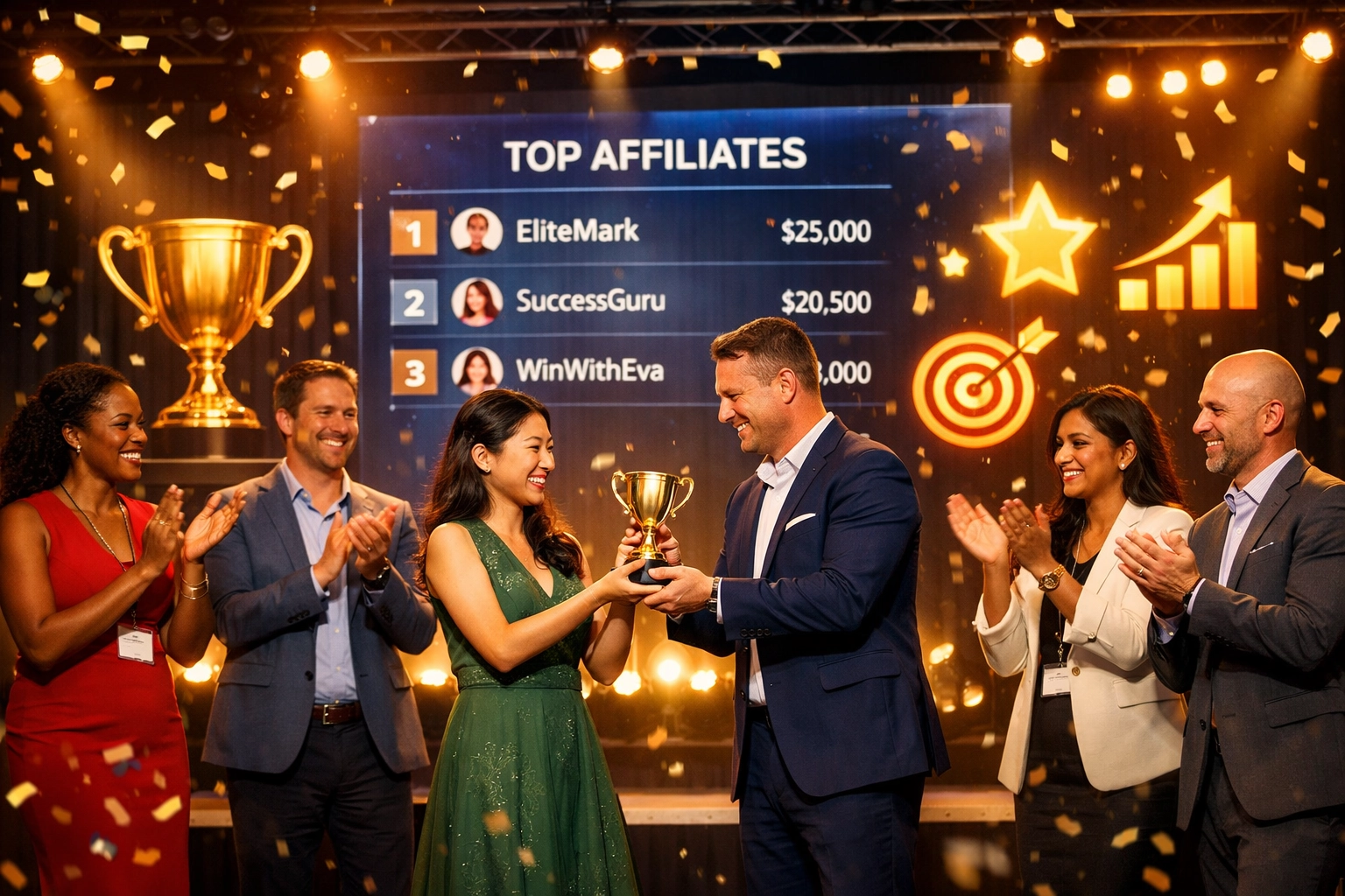 Uznanie a oslava úspechov affiliate partnerov s rôznorodou skupinou oslavujúcou úspech