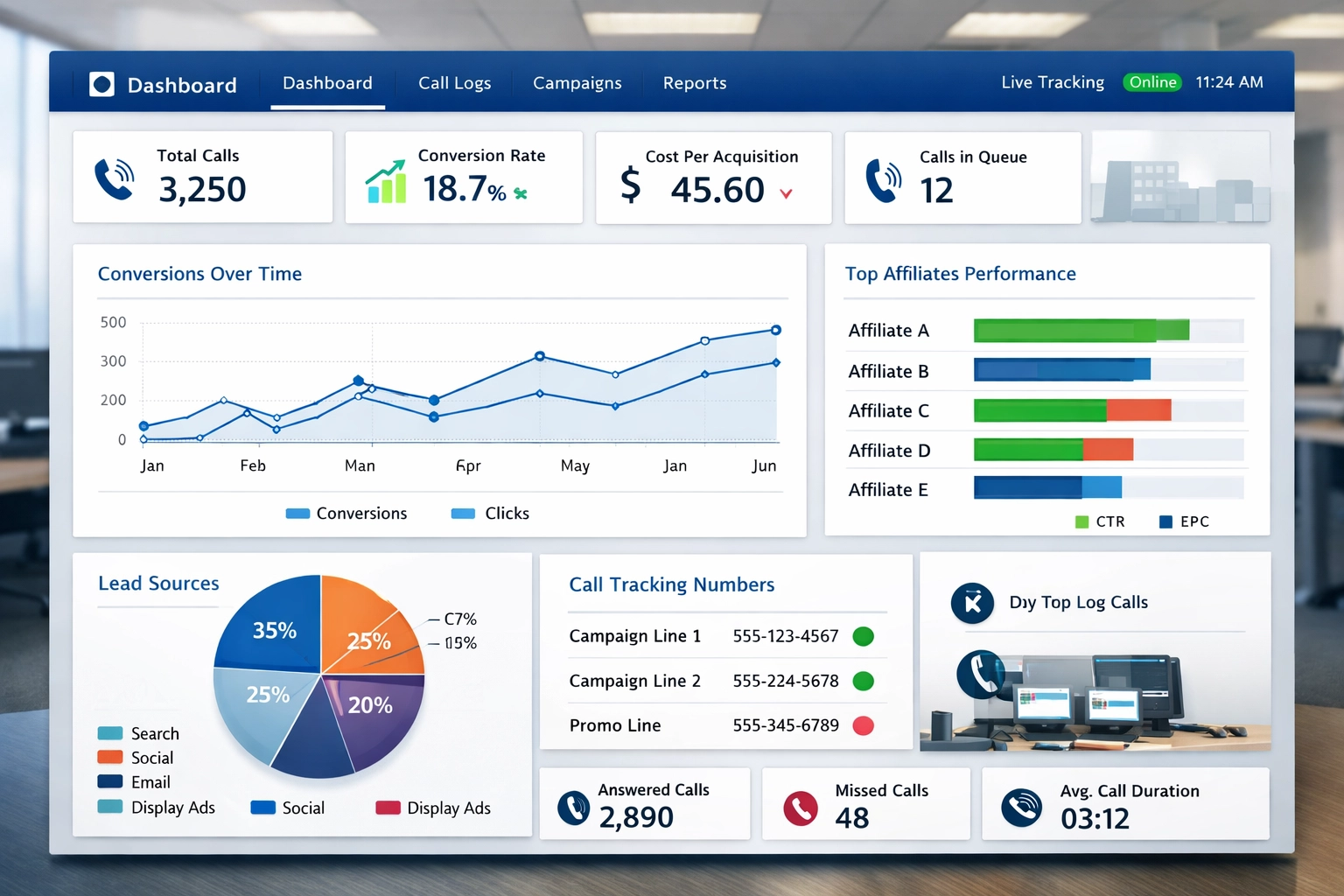 Call center software dashboard displaying affiliate marketing metrics and real-time call tracking