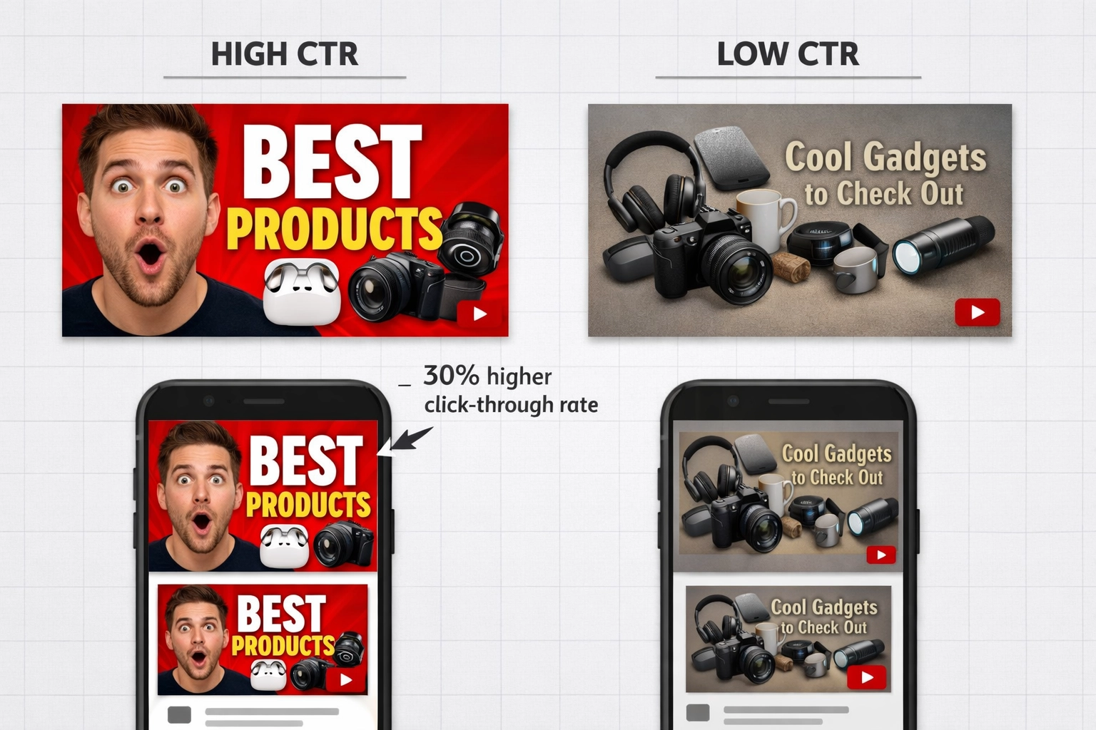 Comparison of high-converting vs low-converting YouTube video thumbnails showing design best practices