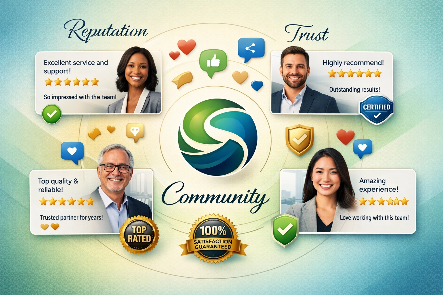 Brand reputation visualization with testimonials, reviews, and community engagement symbols