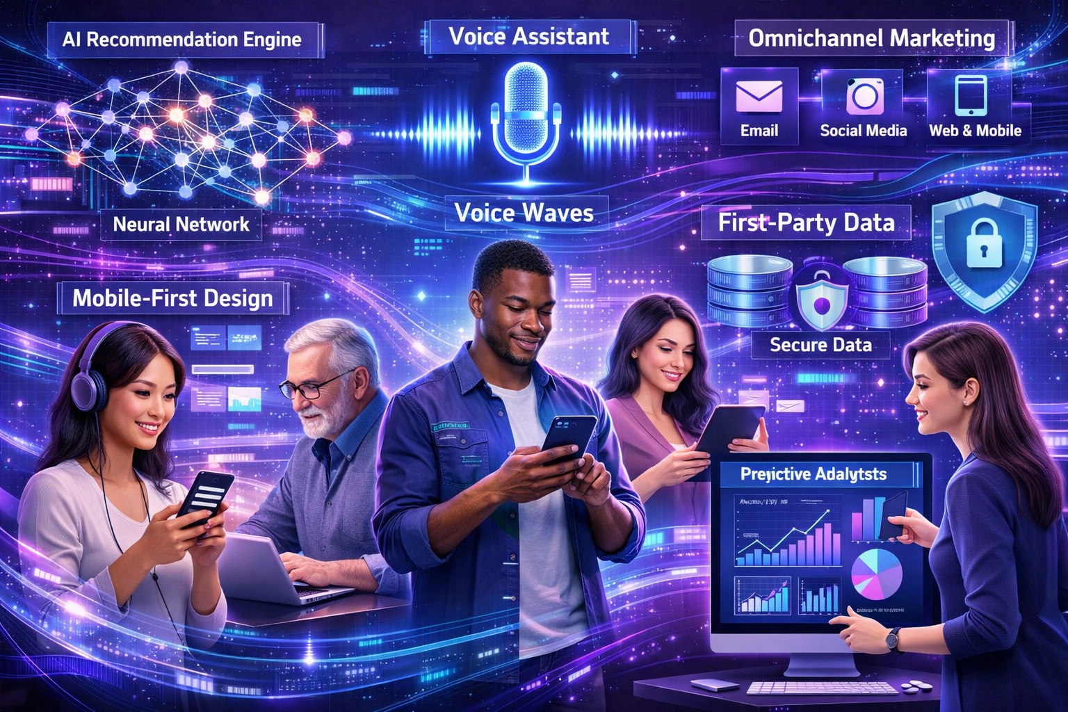 Futuristická digitálna marketingová krajina zobrazujúca nové personalizačné technológie vrátane AI, hlasového vyhľadávania, mobile-first dizajnu a omnikanálového marketingu