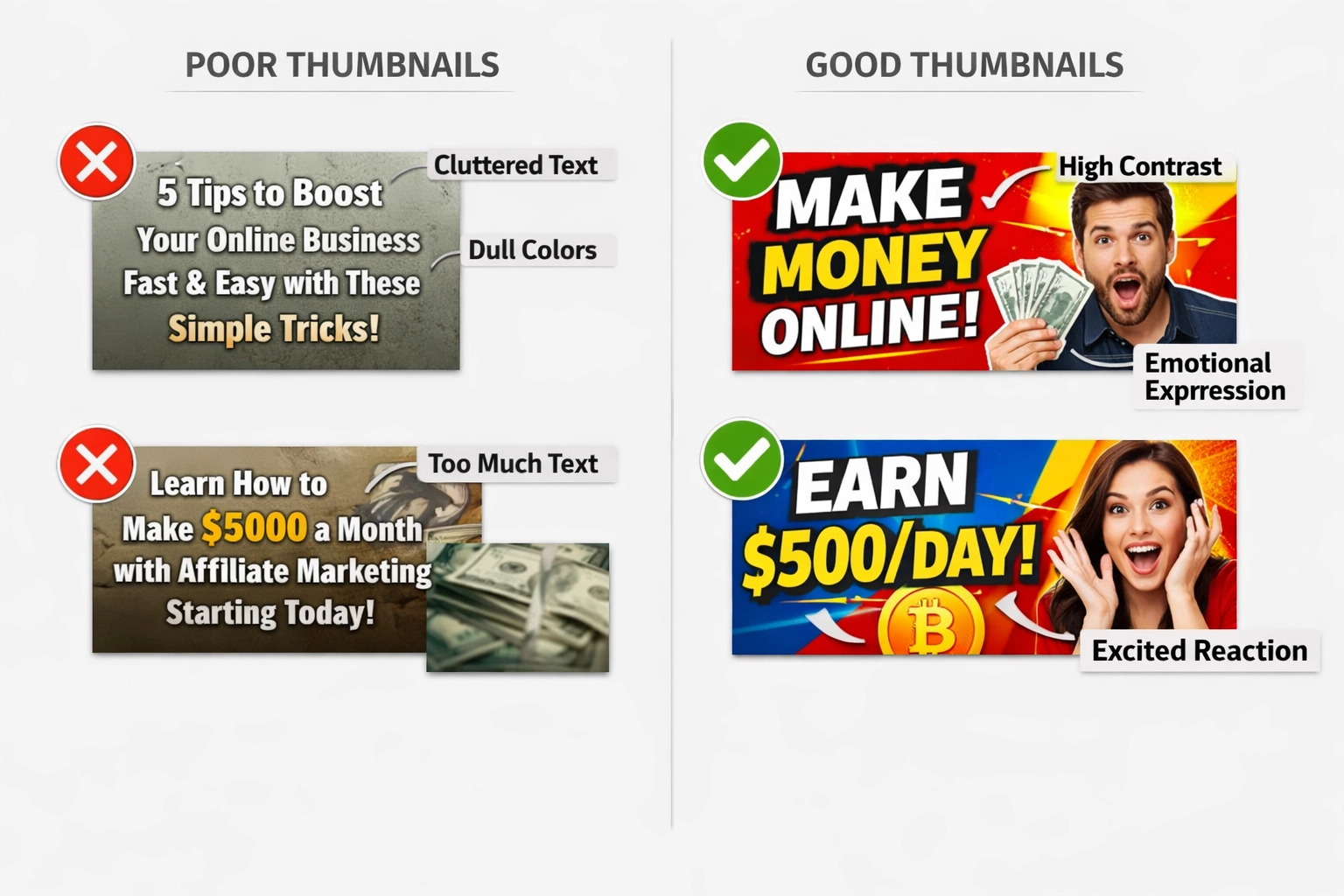 Porovnanie dizajnu YouTube náhľadov s ukážkami dobrých a zlých príkladov s poznámkami