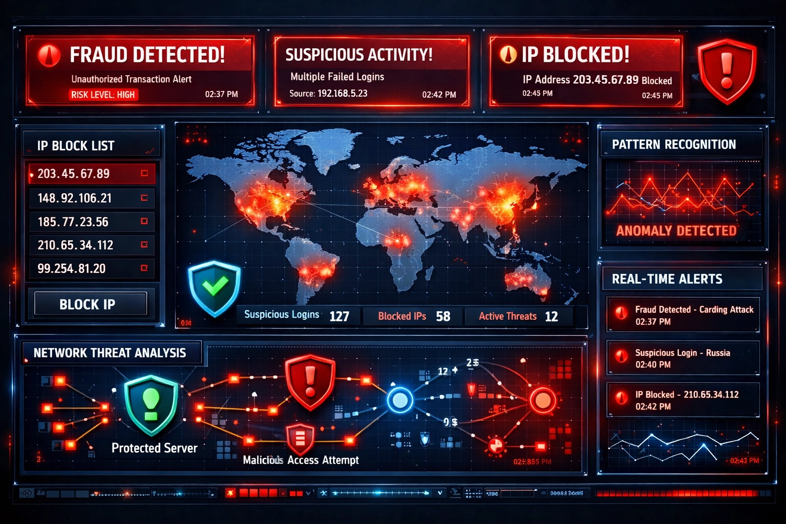 Pokročilý dashboard detekcie podvodov s aktuálnymi upozorneniami a bezpečnostným monitoringom