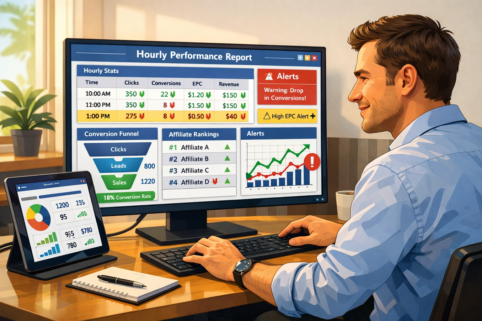 Affiliate manažér analyzuje hodinové reporty výkonu na počítačovom dashboarde