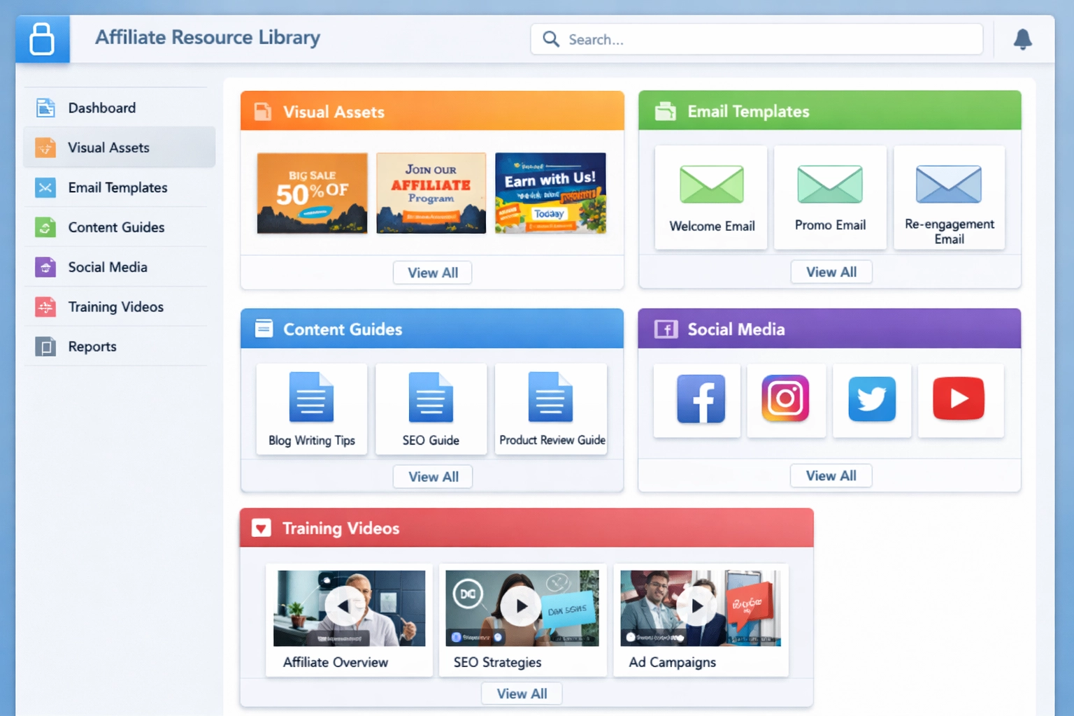 Digital resource library interface showing organized affiliate marketing materials and categories