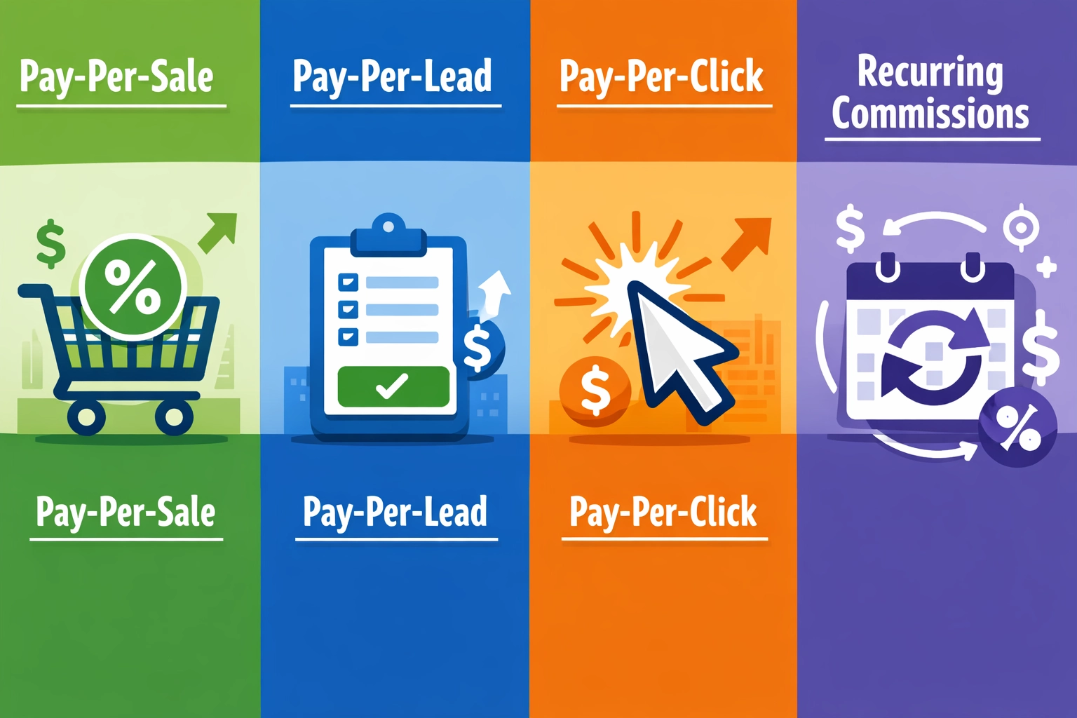 Affiliate commission structures comparison showing PPS, PPL, PPC, and recurring models