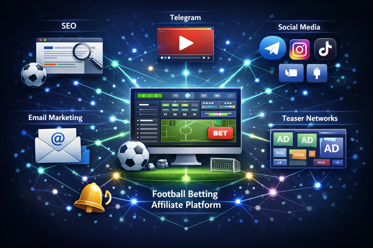 Ekosystém digitálnych marketingových kanálov pre affiliate marketing futbalového stávkovania