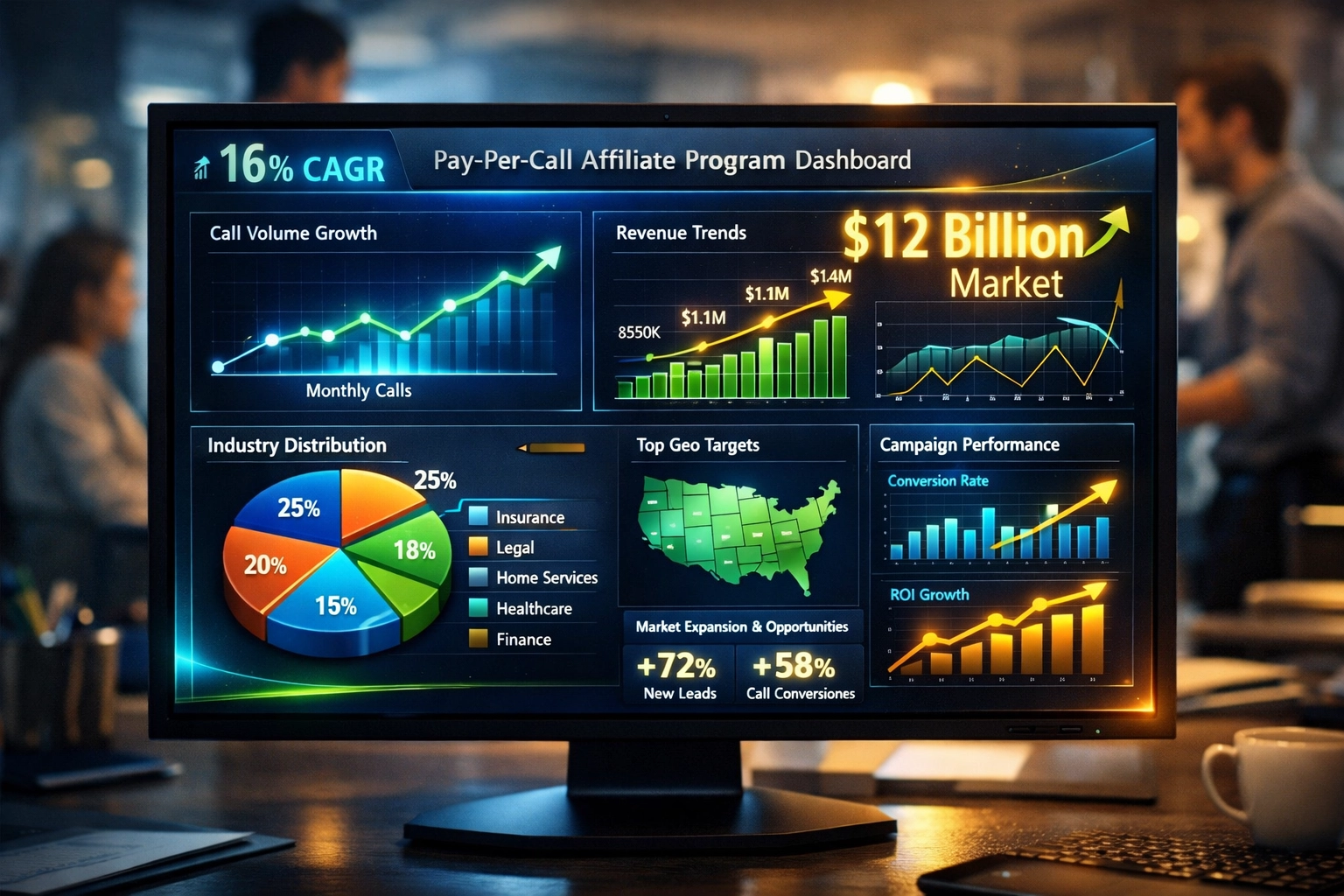 Dashboard rastu trhu s platbou za hovor zobrazujúci projekciu trhu 12 miliárd dolárov a 16% CAGR
