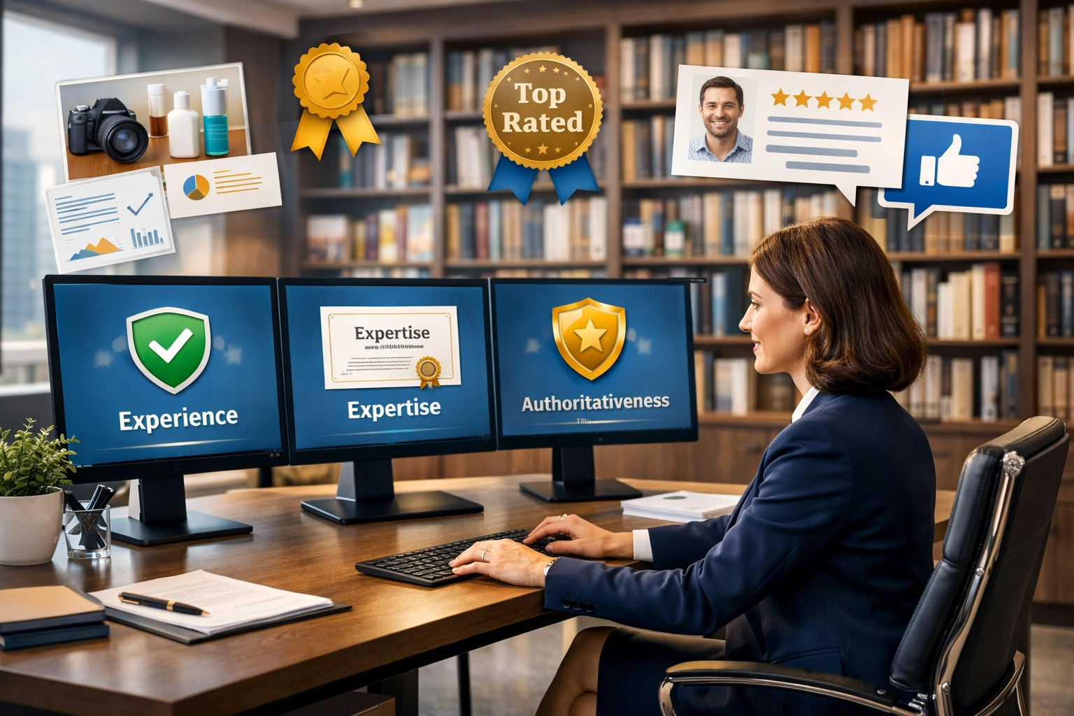 Vizualizácia kvality obsahu a princípov E-E-A-T zobrazujúca odbornosť a dôveryhodnosť