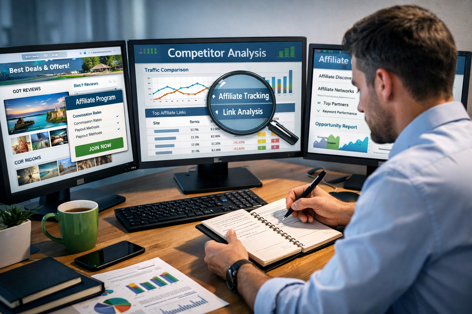 Digitálny výskum a analýza konkurencie zobrazujúca odborníka analyzujúceho weby konkurencie a affiliate odkazy