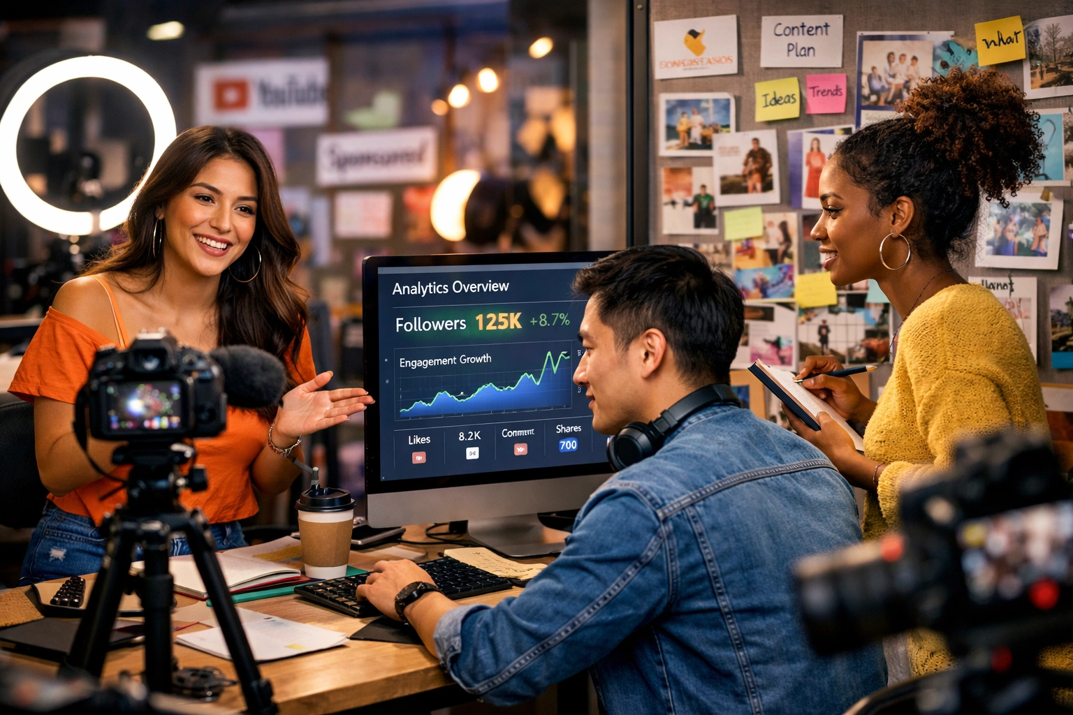 Tvorcovia obsahu v štúdiu spolupracujú na stratégii affiliate partnerstva s profesionálnou technikou a analytikou