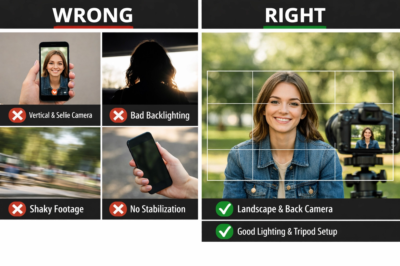 Split-screen comparison of correct vs incorrect smartphone video filming techniques