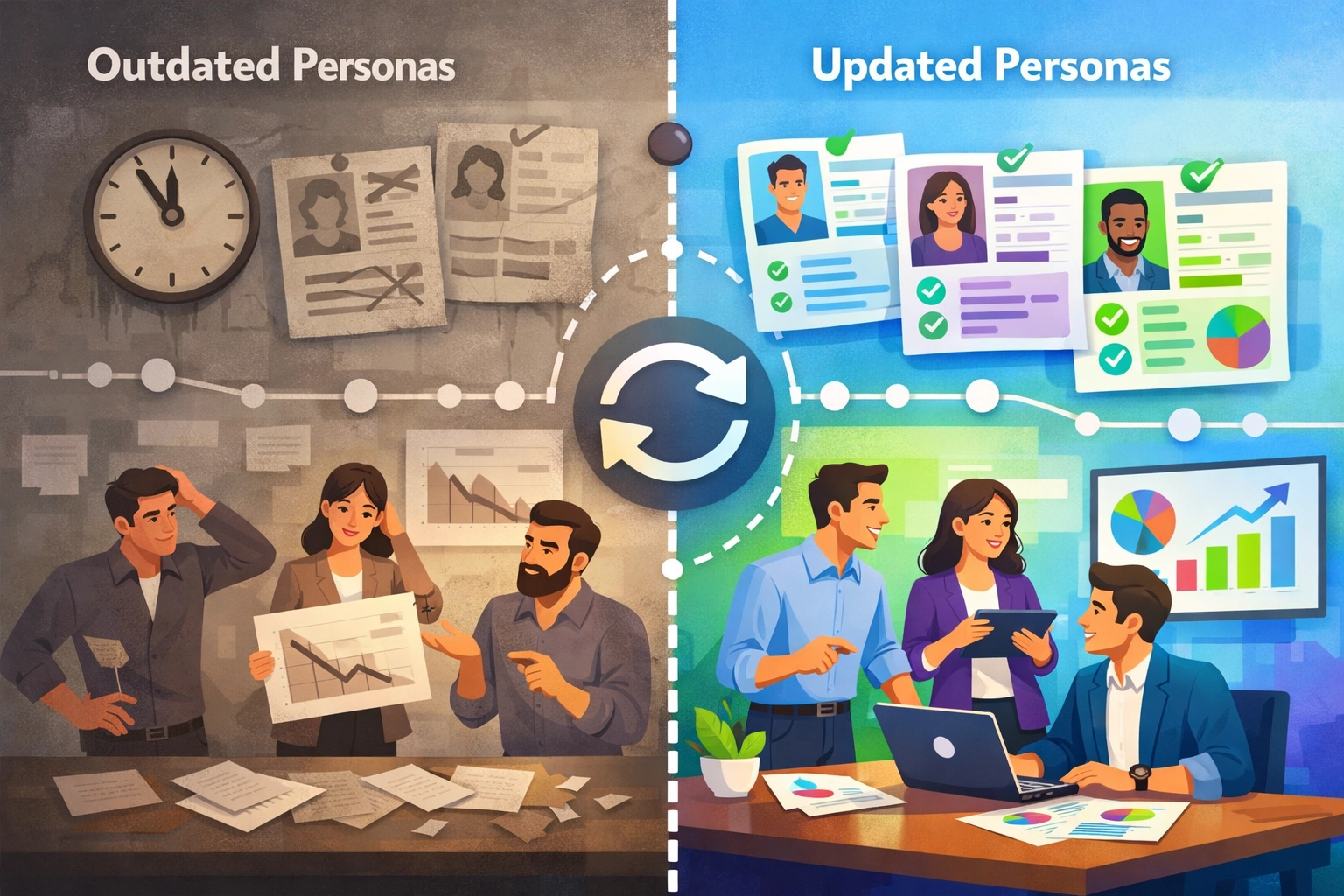 Porovnanie aktualizovaných a zastaraných nákupných person ukazujúce rozdiel v presnosti údajov a súlade s obchodom