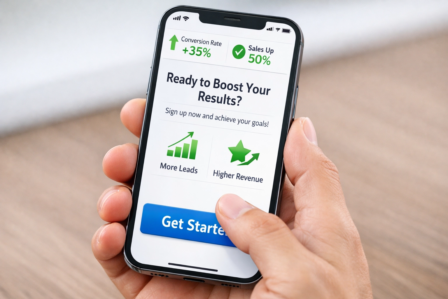 Mobilný telefón zobrazujúci optimalizovaný dizajn výzvy k akcii