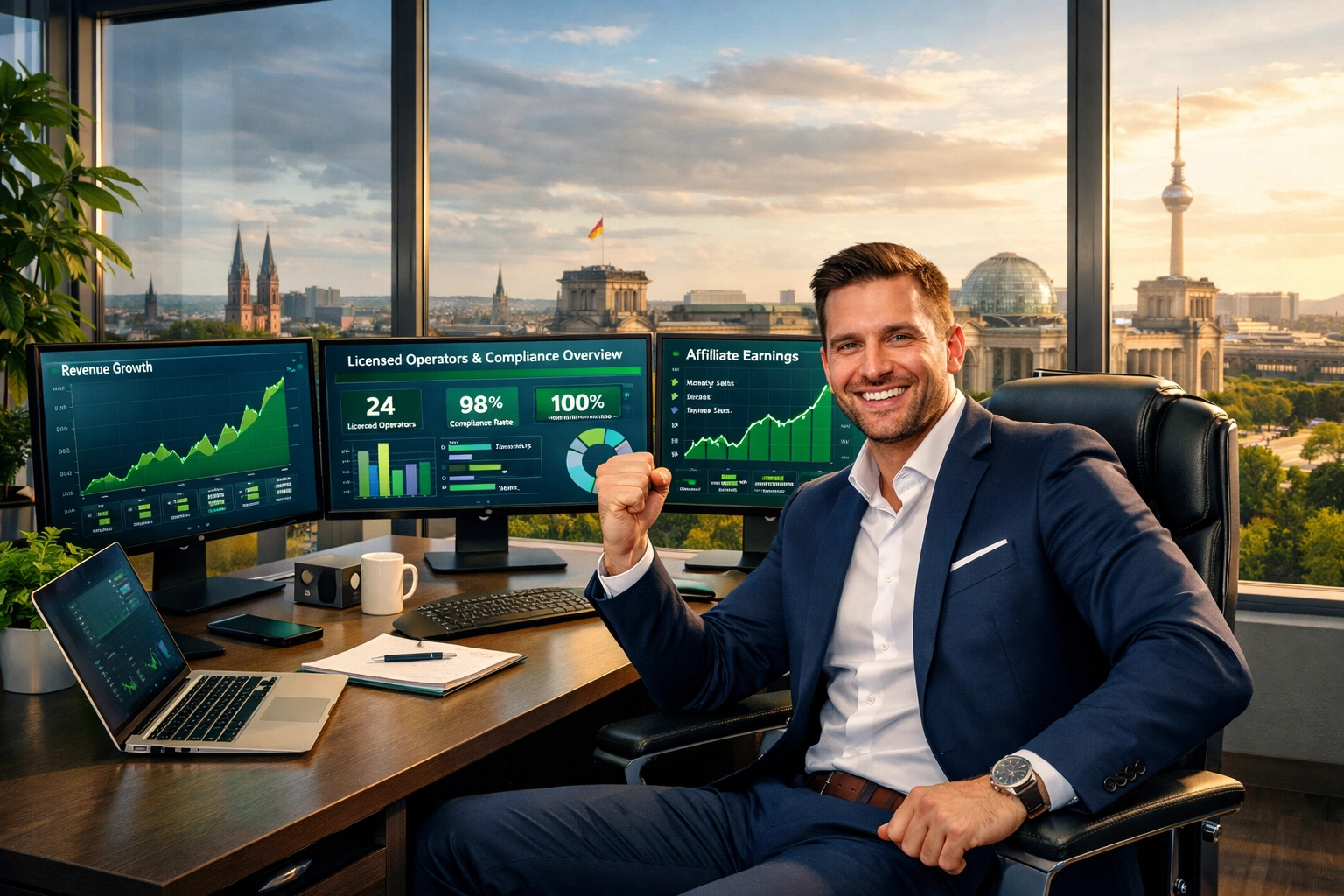 Úspešný affiliate marketér oslavuje súlad s reguláciou rastúcimi grafmi a dashboardom licencovaných operátorov