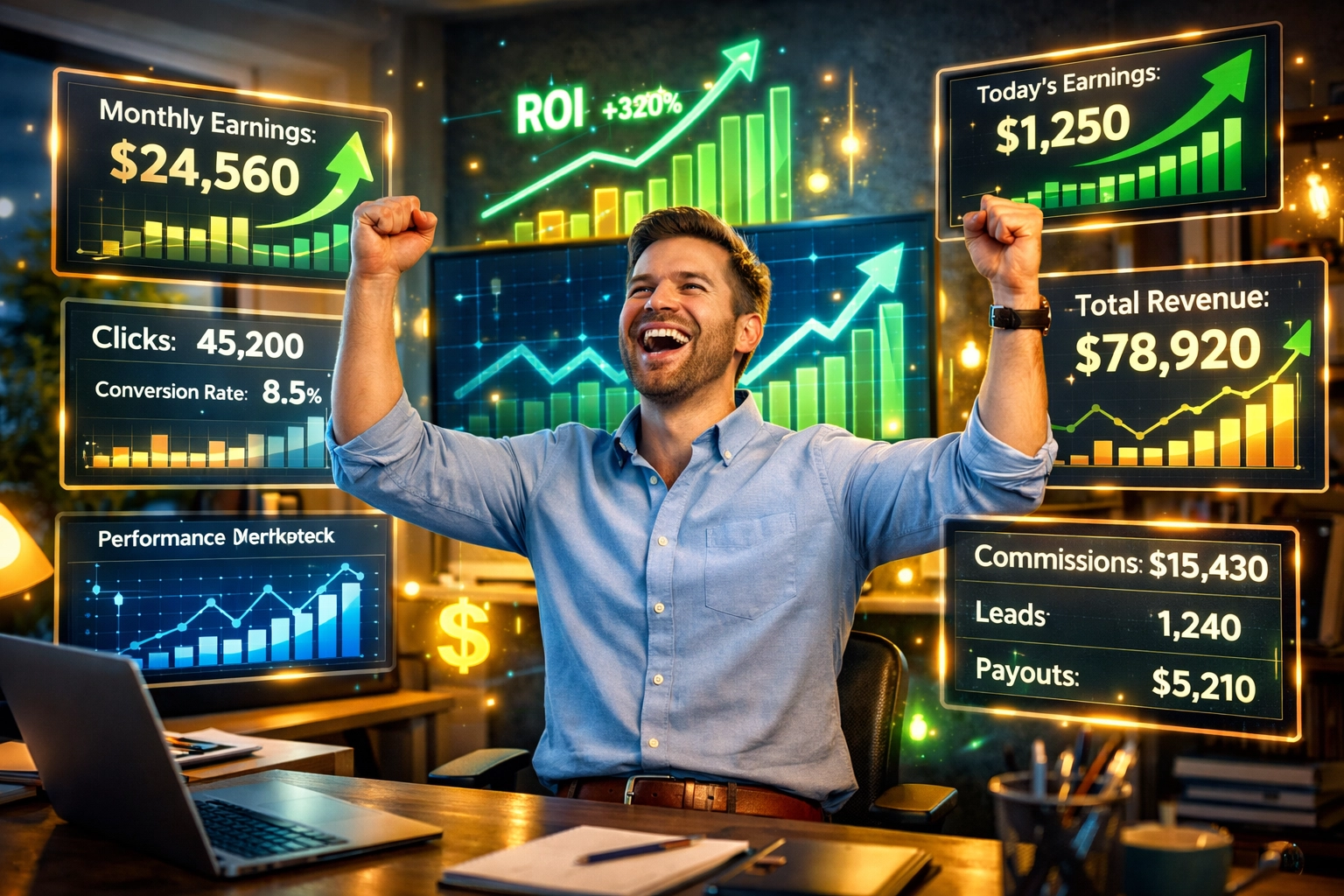 Affiliate marketer oslavujúci úspech s rastovými metrikami a analytickými dashboardmi