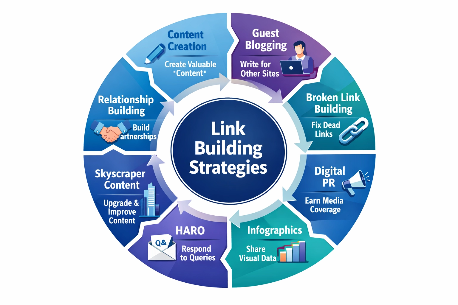 Link building strategies circular flow diagram showing 8 effective tactics