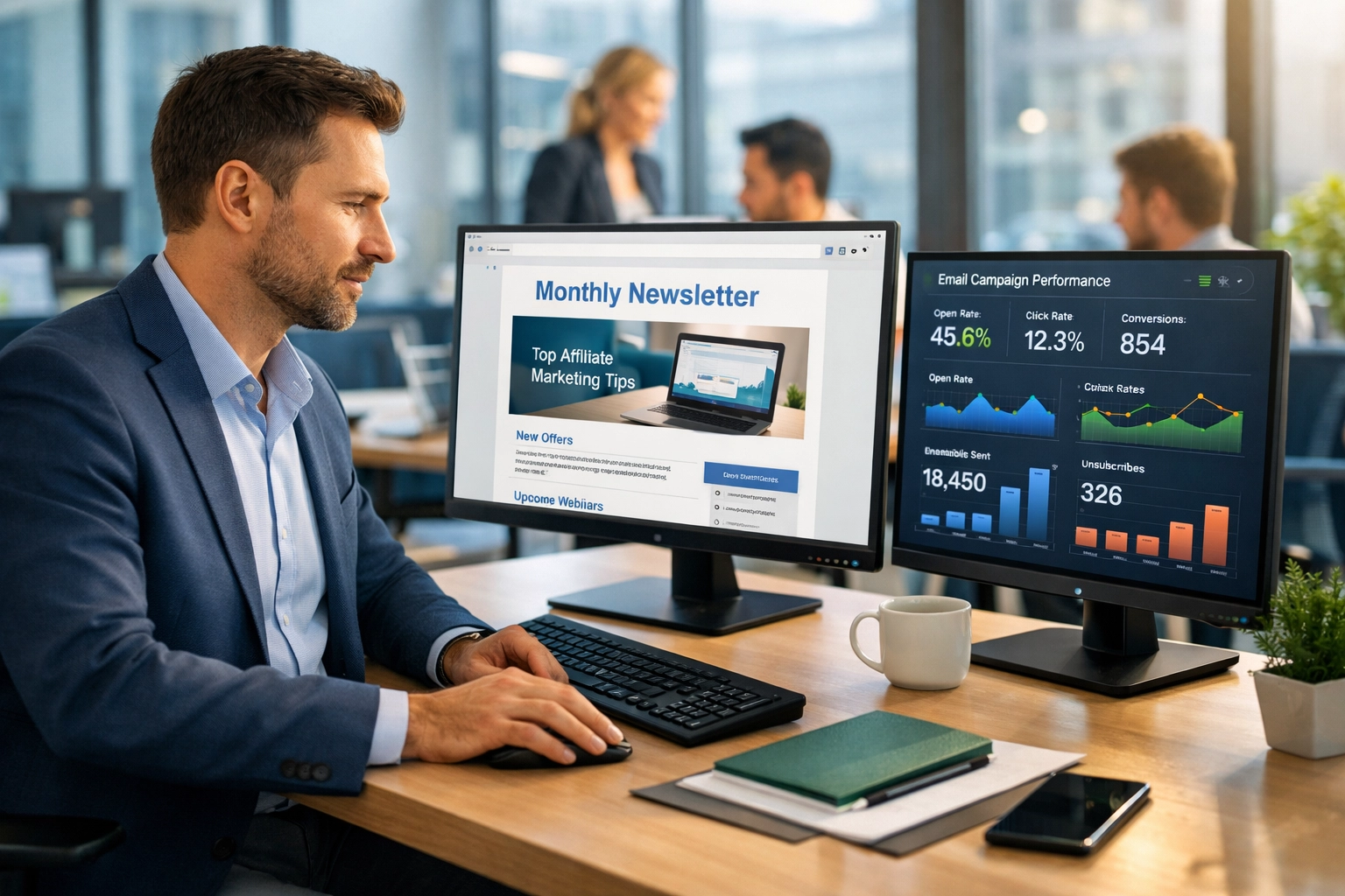 Affiliate manažér kontroluje emailový newsletter na počítači s tímovou spoluprácou v pozadí