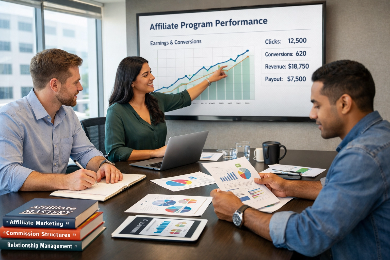 Tím profesionálov v affiliate marketingu spolupracuje na stratégii a analýze výkonu